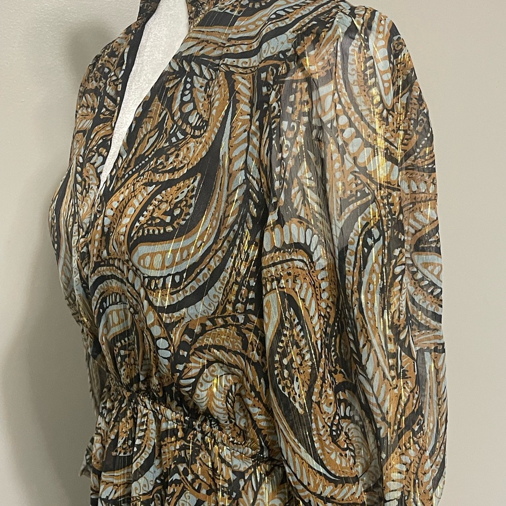 Elan Maxi Med. Dress Tiered Sheer Lined 3/4 Sleeve Metalic Gold Fairy Whimsical - Picture 4 of 14